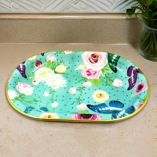 Big Plastic Flower Printed Design Serving Tray (1 Pc 35 X 24 Cm)