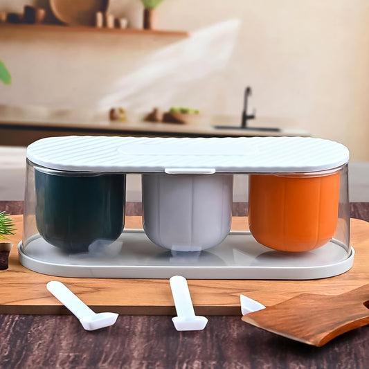 Home Kitchen 3 Grid Seasoning Spice Masala Box Kit With Spoon (Multicolor 1 Set)