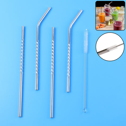 579 Set Of 4 Stainless Steel Straws Brush (2 Straight Straws 2 Bent Straws 1 Brush)