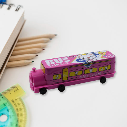 4672 Double Decker Magic Bus Compass 2 Layer Metal Bus Compass Pencil Case With Movable Wheels Sharpener Bus Shape With Tiers Metal Pencil Box For Kids Birthday Party