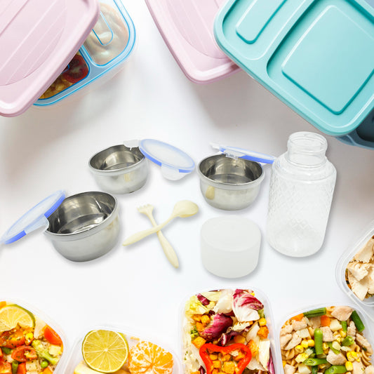 5773 6in1 Tiffin Box-lunch Box 3 Stainless Steel Containers Plastic Lid Box Spoon Fork Plastic Bottle Insulated Fabric Bag Leak Proof Microwave Safe For Office College And School For Men Women (6 Pcs)