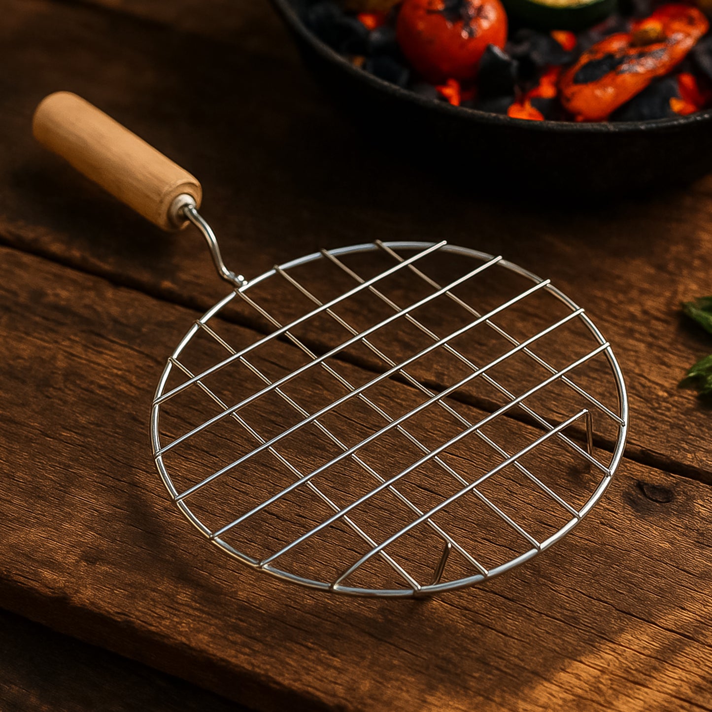 2085 Kitchen Round Stainless Steel Roaster Papad Jali Barbecue Grill With Wooden Handle