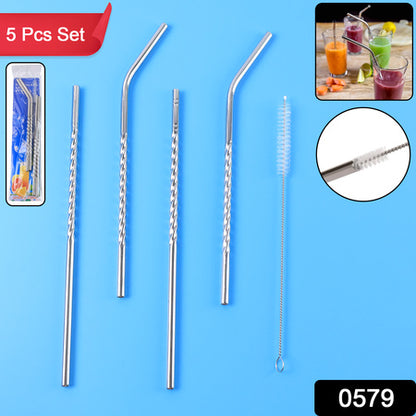 579 Set Of 4 Stainless Steel Straws  Brush (2 Straight Straws 2 Bent Straws 1 Brush)