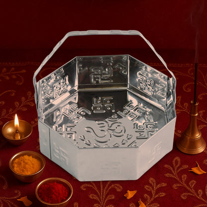 Traditional Stainless Steel Octagon Pooja Basket 1 Pc With Handle