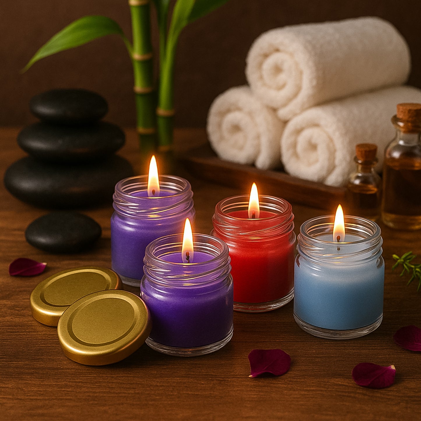 Wax Candle Set In Glass Jars With Gold Lids (4 Pc)