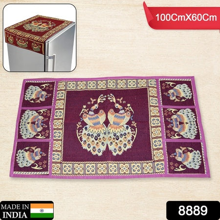 8889 Cotton Fridge Top Cover Set - Standard Appliance Covers Fridge Dustproof Cover With Peacock Deign 6 Utility Side Pockets Fridge Cover For All Types Fridge Refrigerator Use (100x60cm)