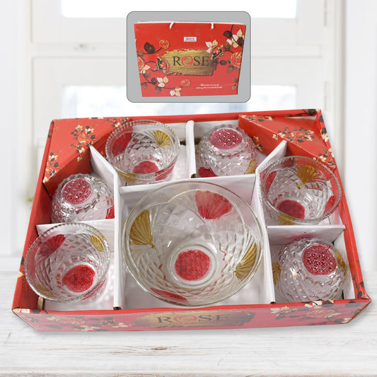8234 Rose Glass Multipurpose Pudding  Dessert  Ice Cream Bowl Set For Home Use Home  Kitchen Serving Bowl For Sundae Sweets Snacks Fruit Pudding Nuts Or Dip Serving Bowls 6 Medium  1 Big Bowl (Set Of 7 Pc)