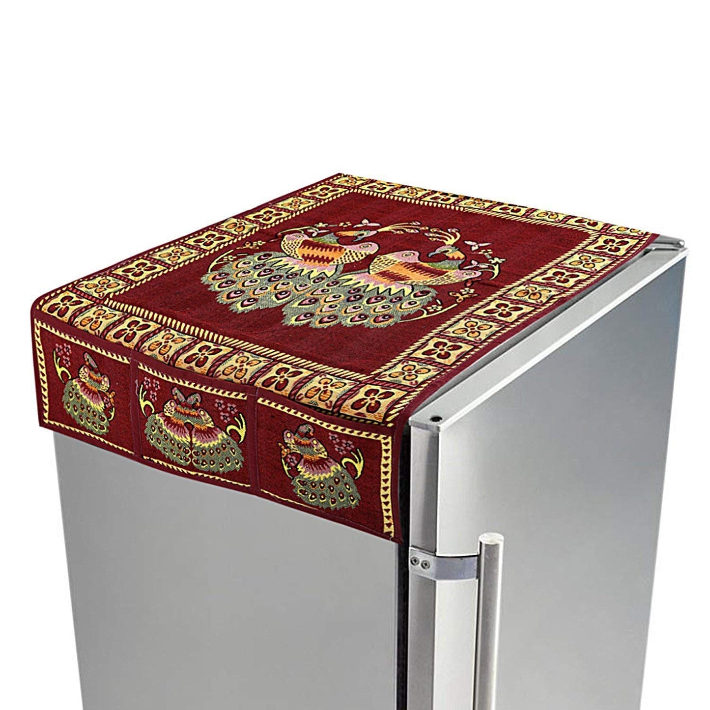 8889 Cotton Fridge Top Cover Set - Standard Appliance Covers Fridge Dustproof Cover With Peacock Deign 6 Utility Side Pockets Fridge Cover For All Types Fridge Refrigerator Use (100x60cm)