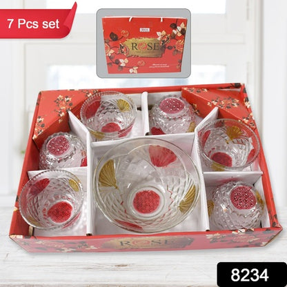 8234 Rose Glass Multipurpose Pudding  Dessert  Ice Cream Bowl Set For Home Use Home  Kitchen Serving Bowl For Sundae Sweets Snacks Fruit Pudding Nuts Or Dip Serving Bowls 6 Medium  1 Big Bowl (Set Of 7 Pc)
