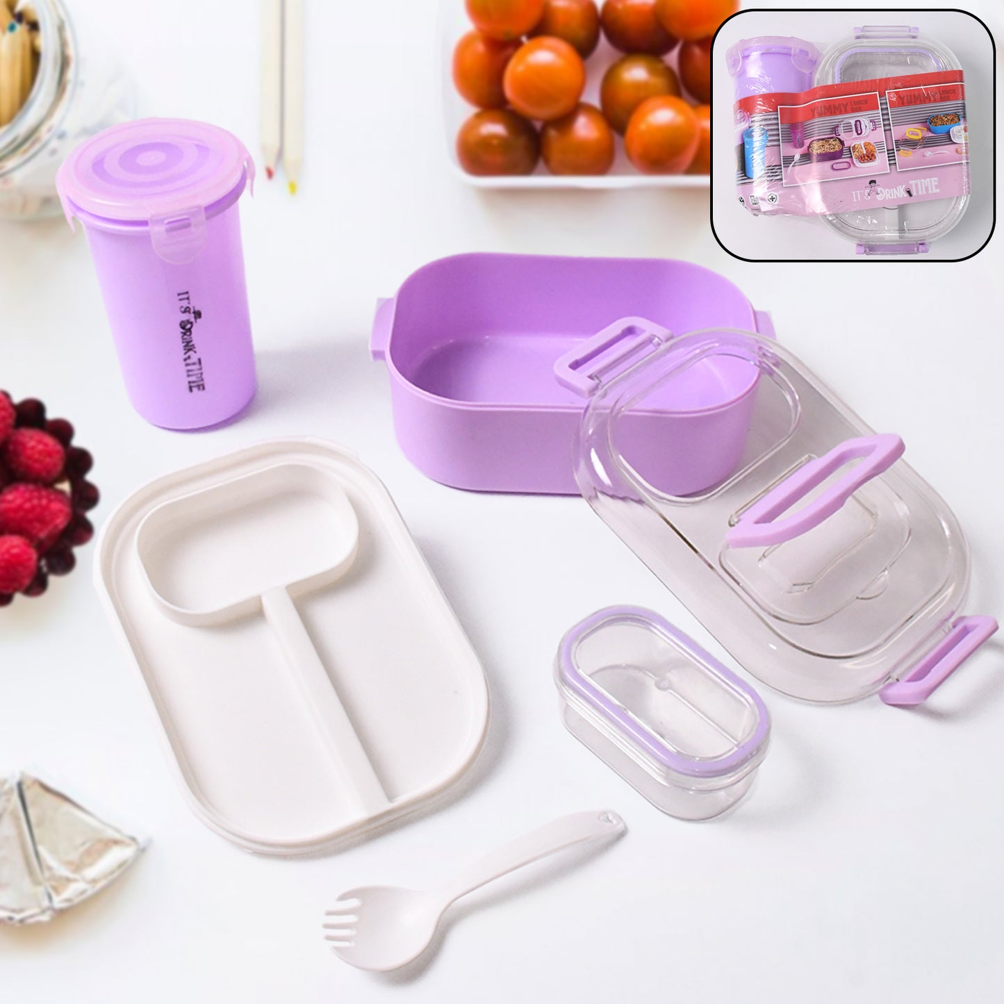Plastic Lunch Box With Small Box Bottle  Sponn For Kids Lunch Box (4 Pc Set)
