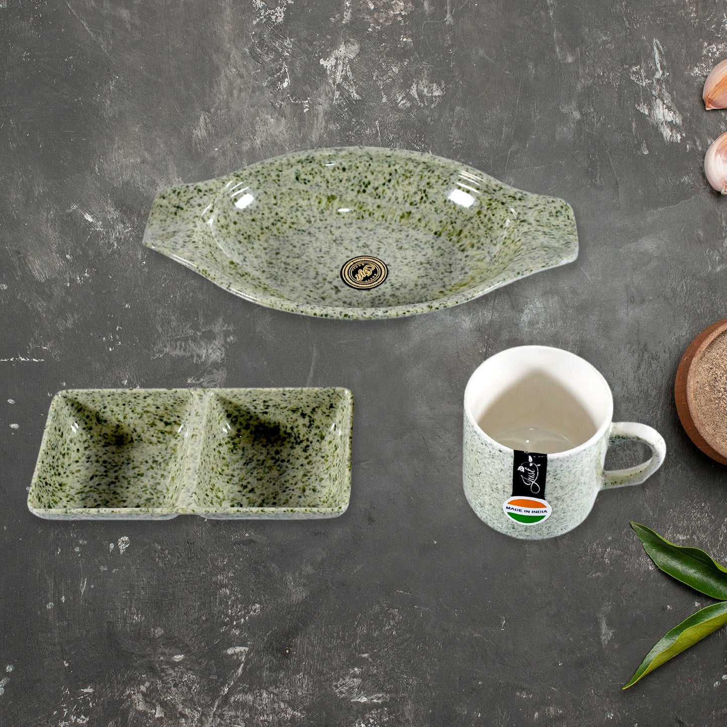 8240 Sunday Funday Ceramic Tea  Cups  Mug With Plastic Snacks Platter And 2 Compartment Chutney Bowl Milk Cup Coffee Cup Breakfast Cup Drinking Mug Or Outdoor For Household Gift For Birthday Wedding Party (6 Pcs Set)