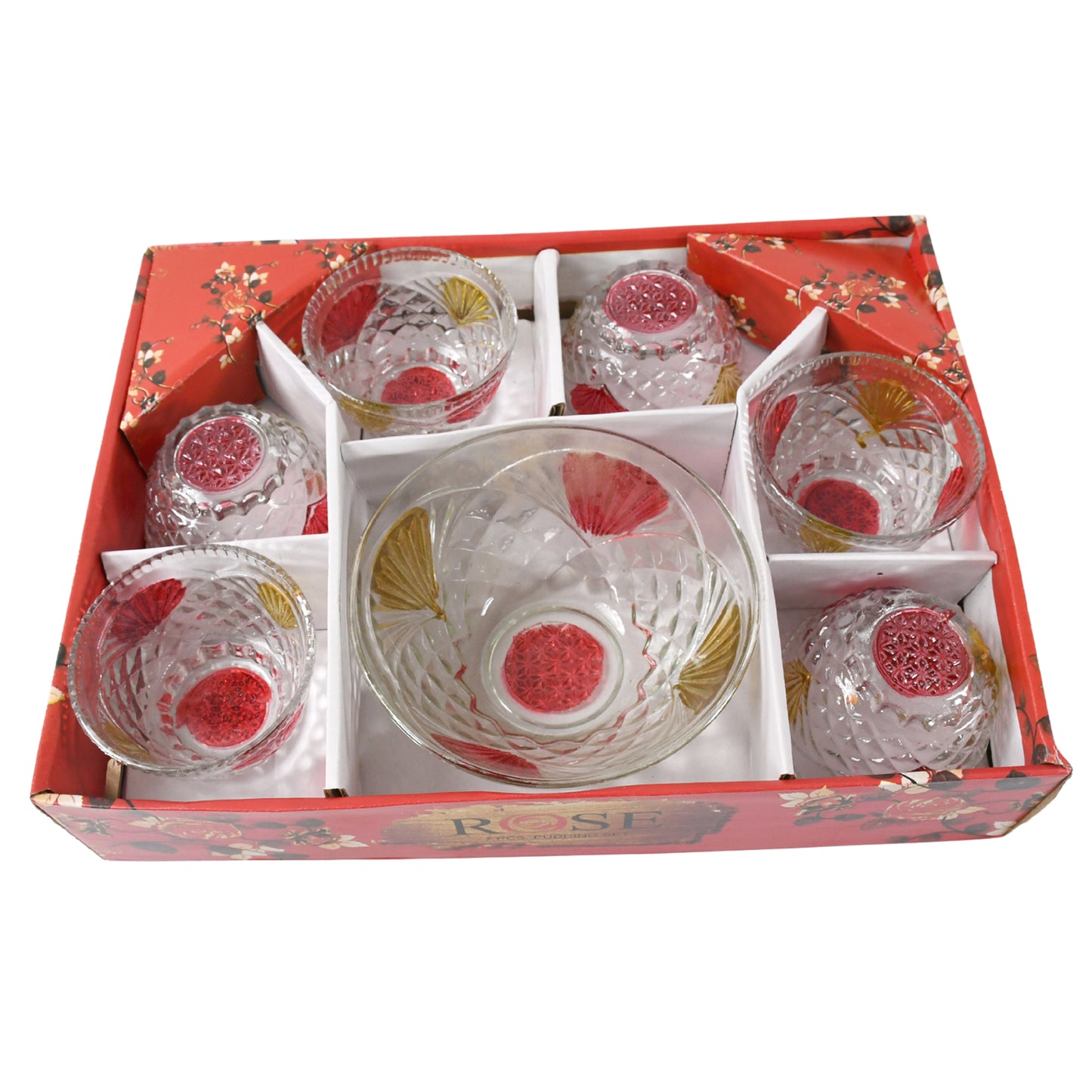 8234 Rose Glass Multipurpose Pudding  Dessert  Ice Cream Bowl Set For Home Use Home  Kitchen Serving Bowl For Sundae Sweets Snacks Fruit Pudding Nuts Or Dip Serving Bowls 6 Medium  1 Big Bowl (Set Of 7 Pc)