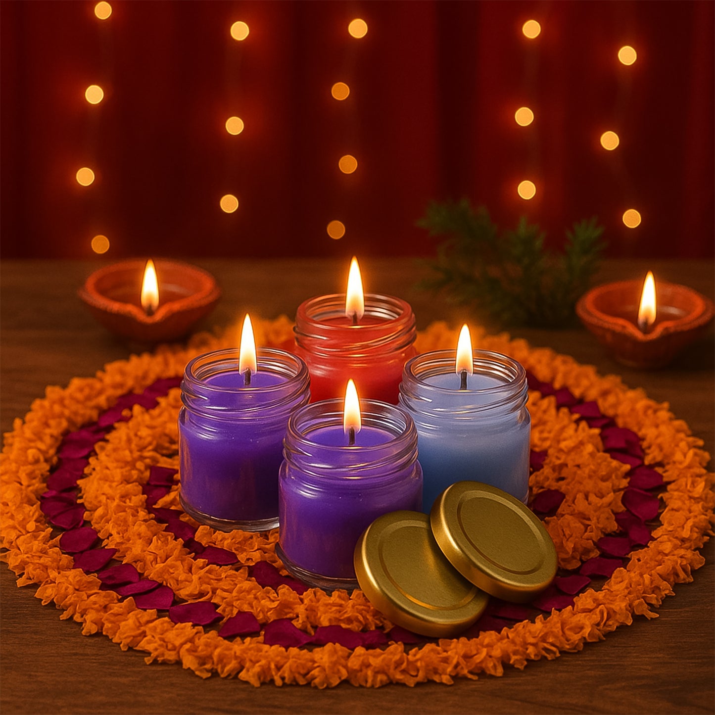 Wax Candle Set In Glass Jars With Gold Lids (4 Pc)