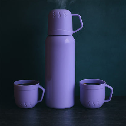 Purple Vacuum Flask Set  Stainless Steel Thermos With 3 Cups Approx 500ml
