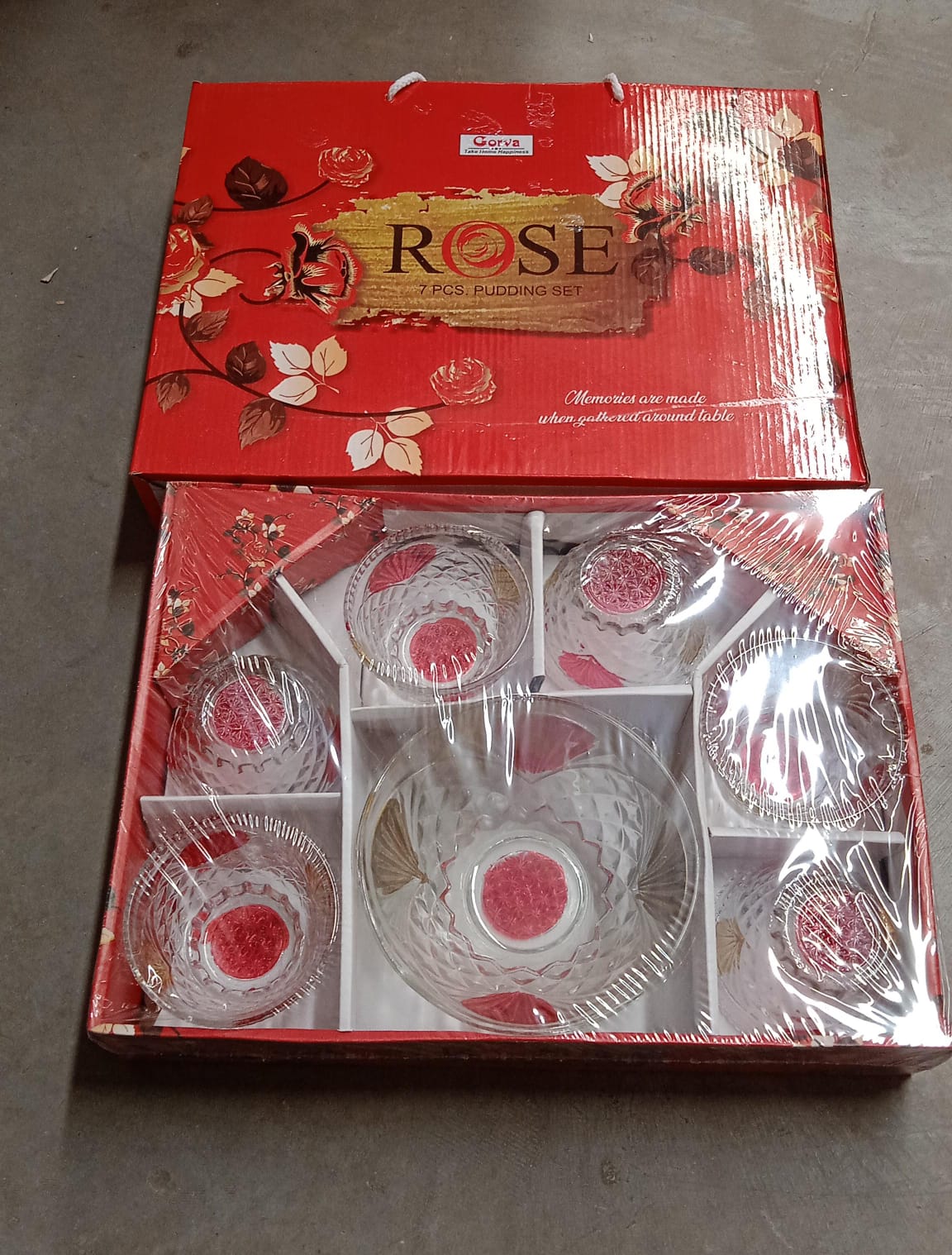 8234 Rose Glass Multipurpose Pudding  Dessert  Ice Cream Bowl Set For Home Use Home  Kitchen Serving Bowl For Sundae Sweets Snacks Fruit Pudding Nuts Or Dip Serving Bowls 6 Medium  1 Big Bowl (Set Of 7 Pc)