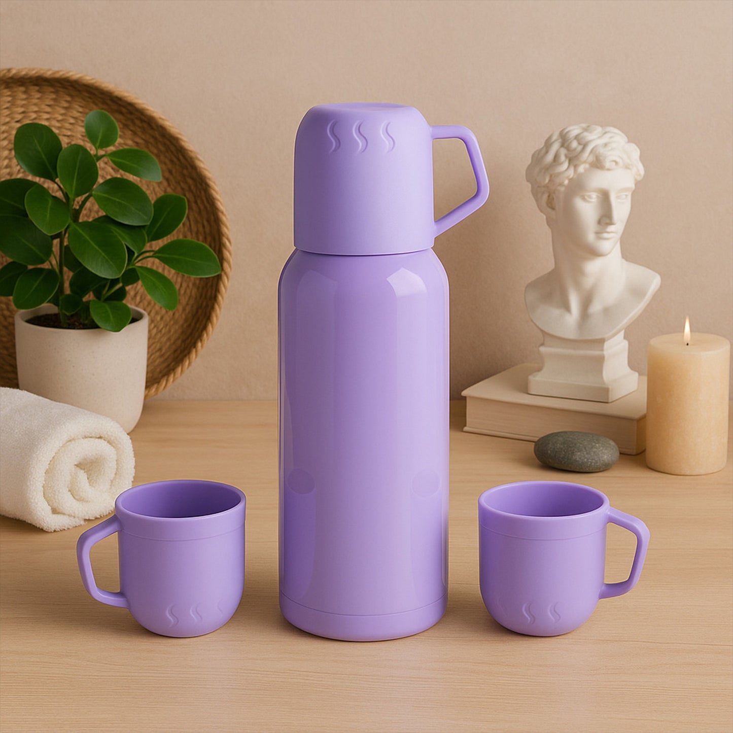 Purple Vacuum Flask Set  Stainless Steel Thermos With 3 Cups Approx 500ml