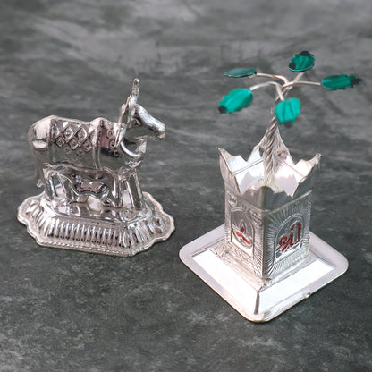 Silver-plated Kamdhenu Cow  Tulsi Plant Pair  Pooja  Home Dcor